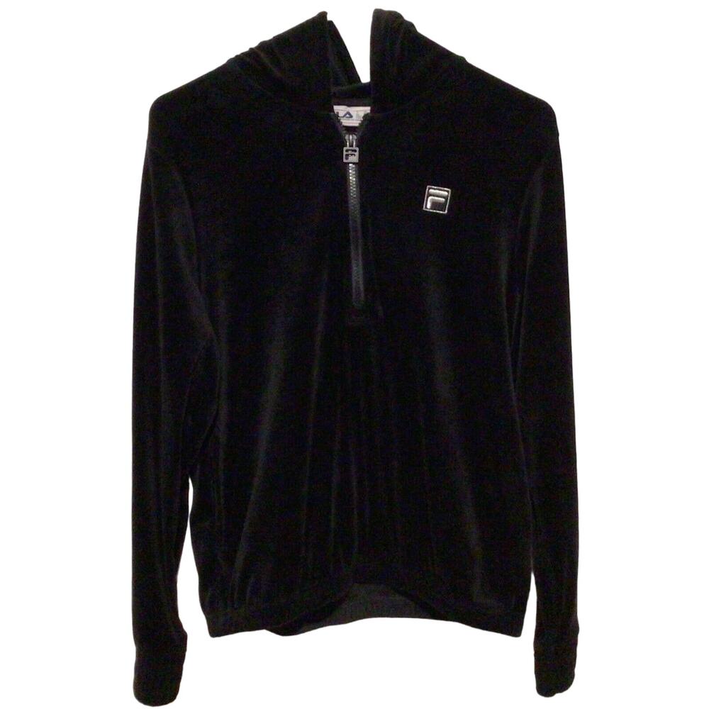 Fila Women's Black Velour 1/2 Zip Pullover Hoodie Sweatshirt Size Small